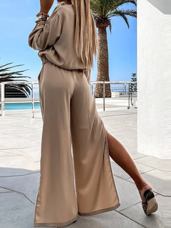 Sets V-Neck Long Sleeve Top & Slit Pants Two Piece Set for Women