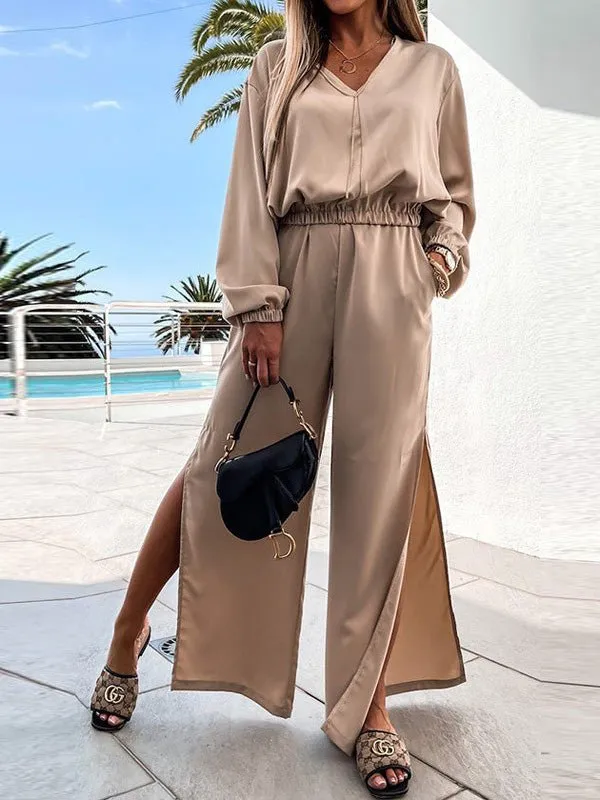 Sets V-Neck Long Sleeve Top & Slit Pants Two Piece Set for Women