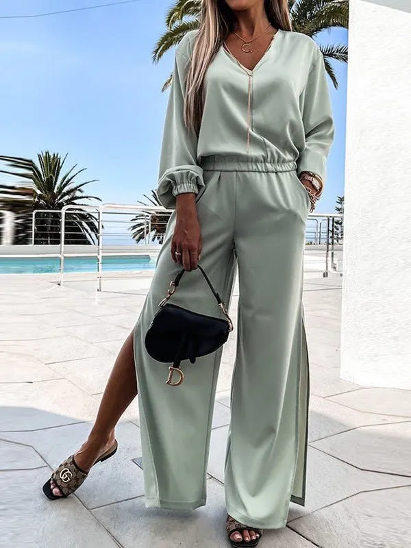 Sets V-Neck Long Sleeve Top & Slit Pants Two Piece Set for Women