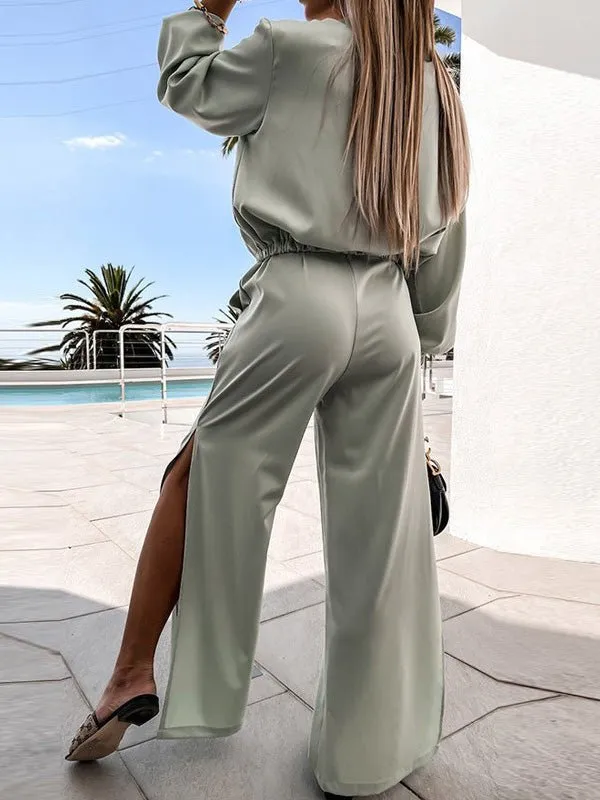 Sets V-Neck Long Sleeve Top & Slit Pants Two Piece Set for Women