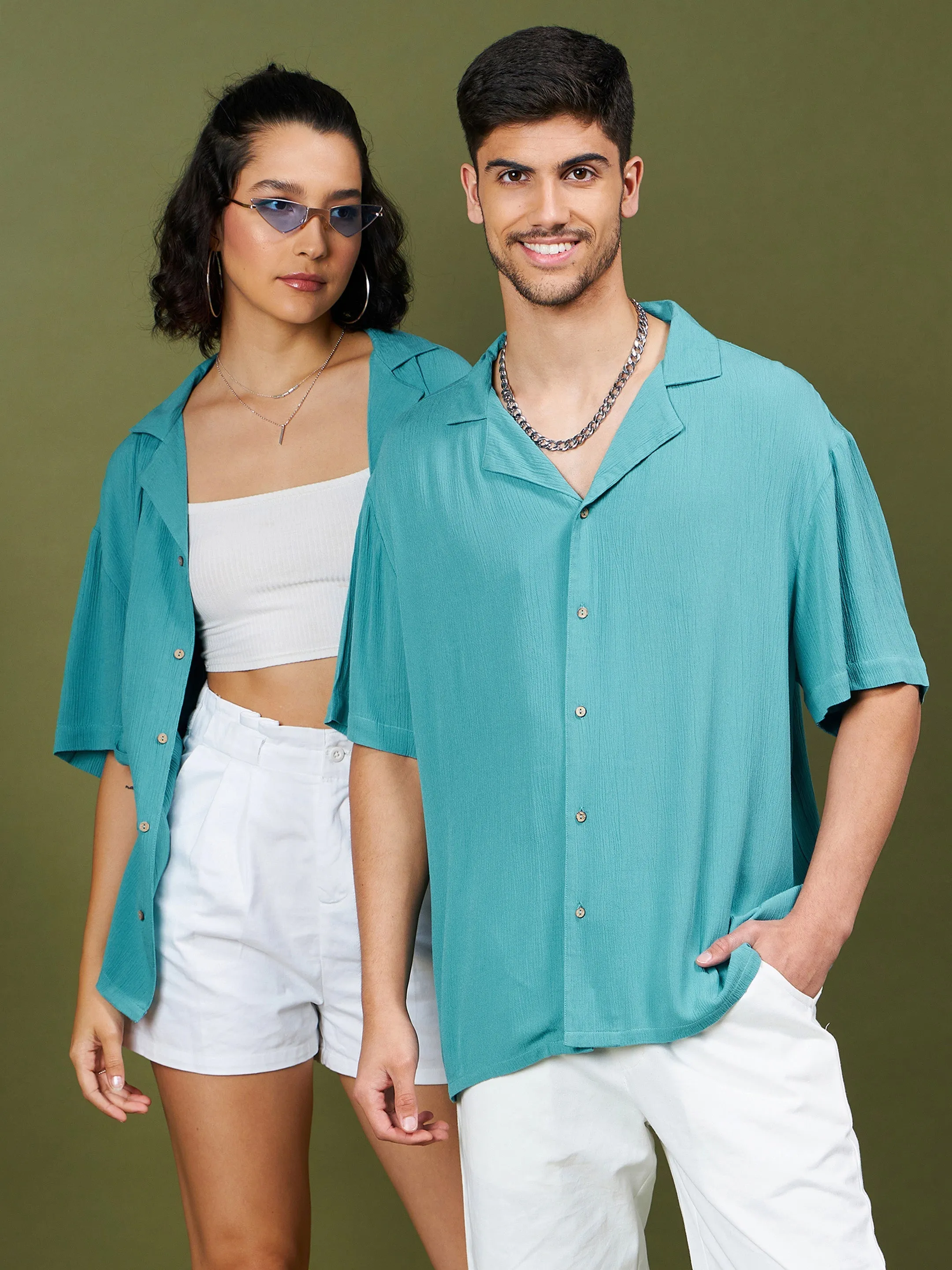 Unisex Teal Blue Solid Relax Fit Shirt