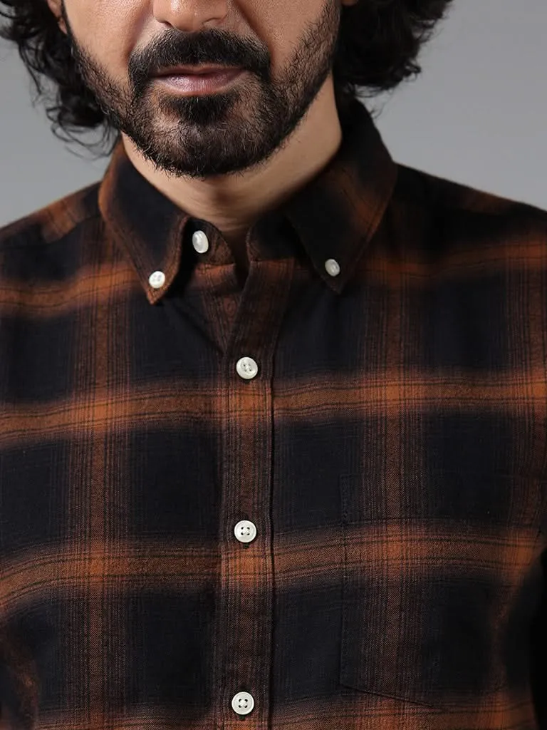 WES Casuals Brown Checked Cotton Slim-Fit Shirt