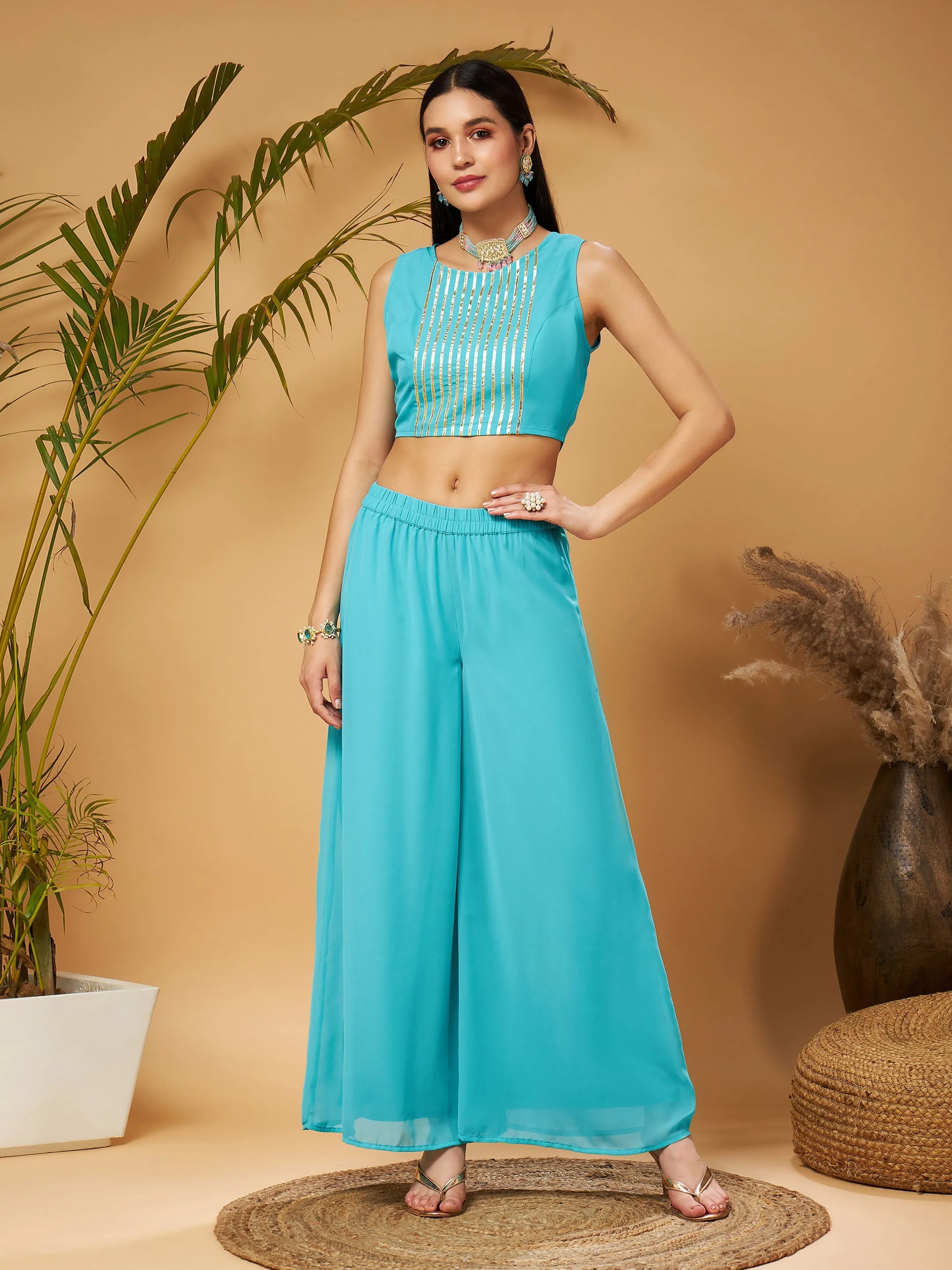 Women Blue Crop Top With A-Line Pants & Shrug