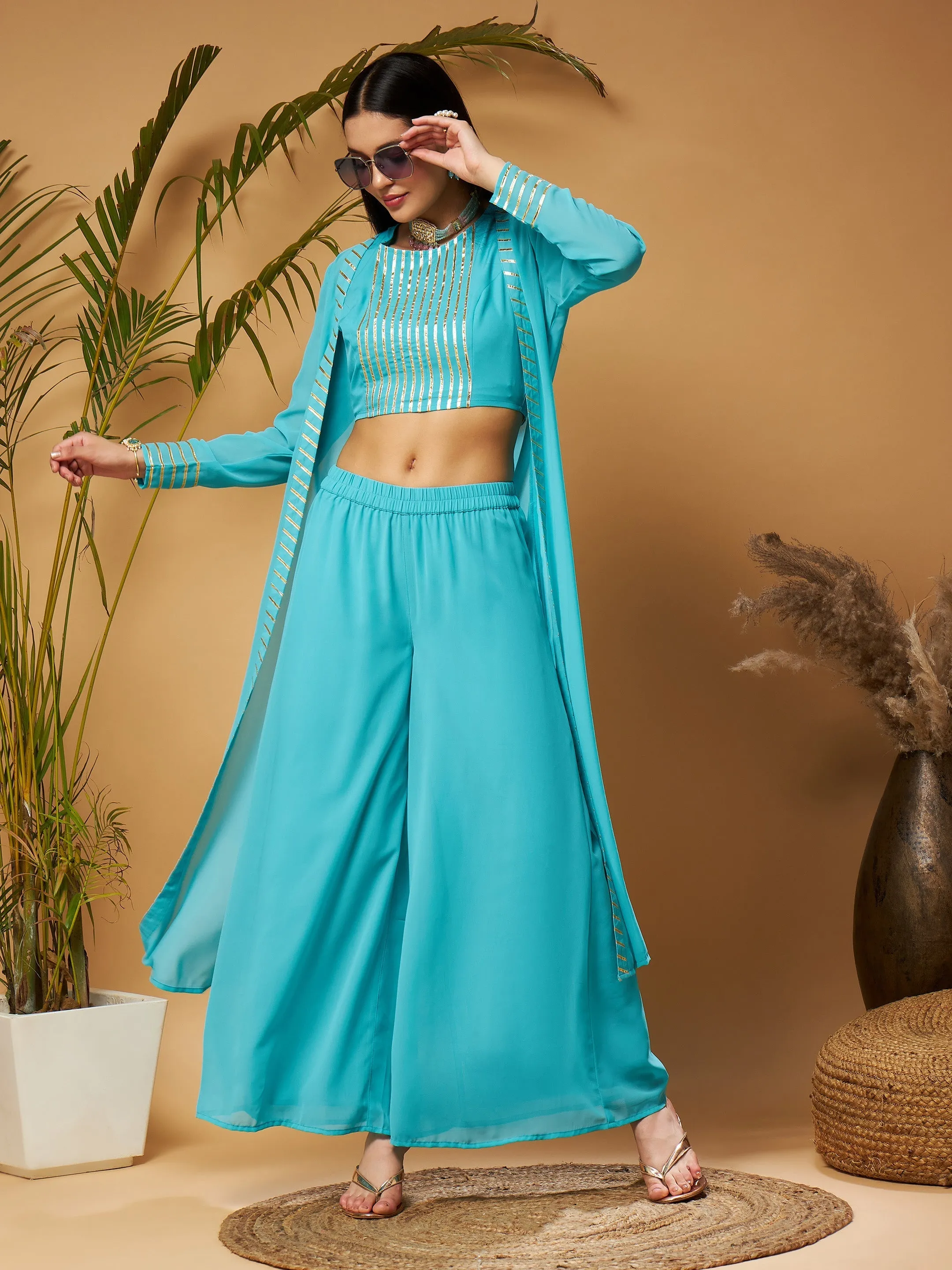 Women Blue Crop Top With A-Line Pants & Shrug