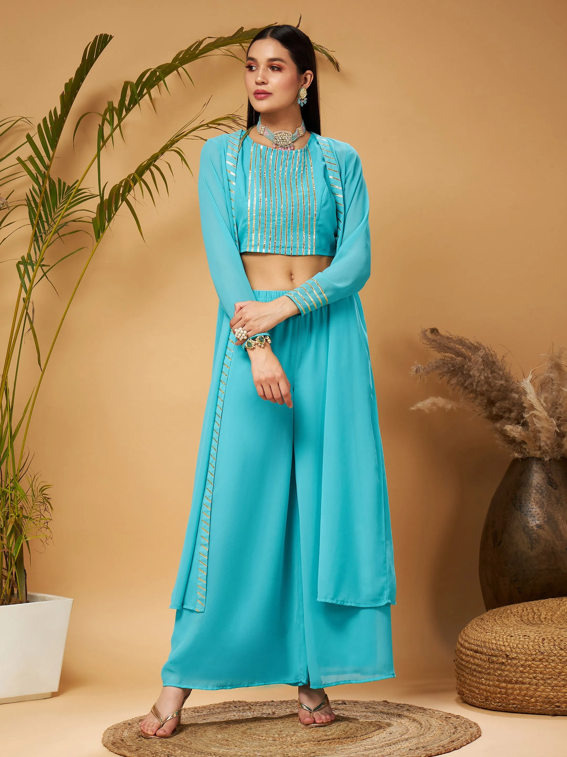 Women Blue Crop Top With A-Line Pants & Shrug