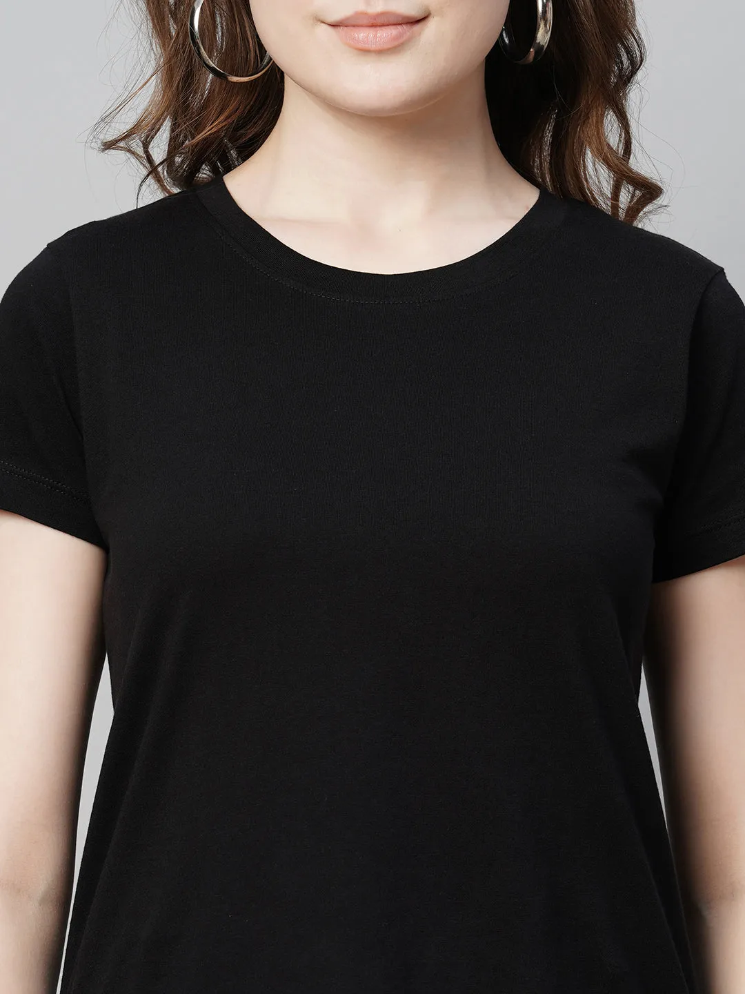 Women's Black Cotton Regular Fit Tshirt